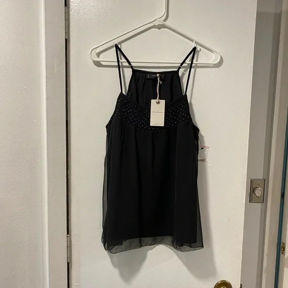 Lucky Brand smocked cami NWT black beaded tank top velvet straps Size Small - Picture 5 of 10